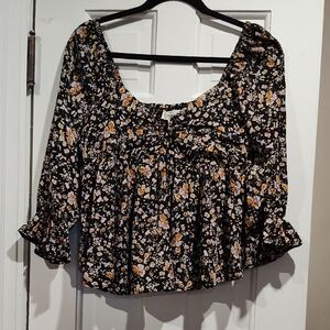 Entro Black Floral Blouse with Orange Highlights